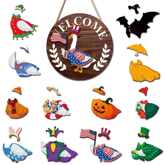 25PCS 11.8in Patriotic Goose Welcome Door Sign with Magnetic Accessories, Wooden Round Hanging Decor for Independence Day