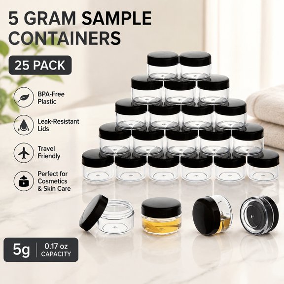 25PCS 5 Gram Mini Plastic Sample Containers with Lids, Travel-Friendly Empty Cosmetic Jars with Labels for Makeup Storage