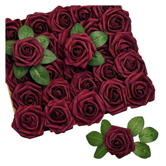 25PCS Artificial Roses Flowers Artificial Looking Roses Wedding Bouquets Centerpieces Bridal Shower Party Home Decor,E,25 x Artificial Roses Flowers,Claret