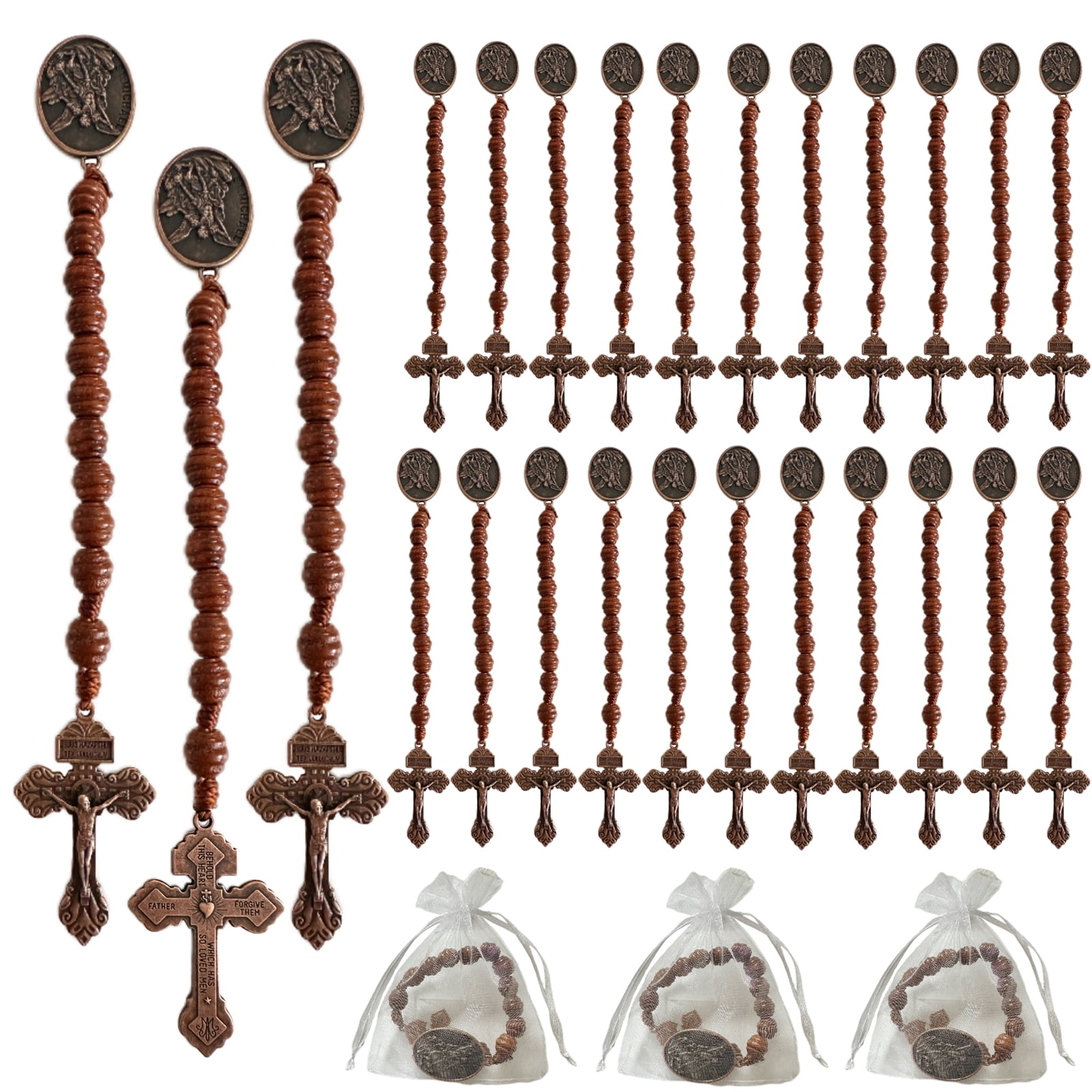 25PCS Baptism Favor Saint Michael Archange Pocket Rosary with Organza Bags, Handmade Wooden Beads Cross Necklace, Catholic Christian Prayer Gift