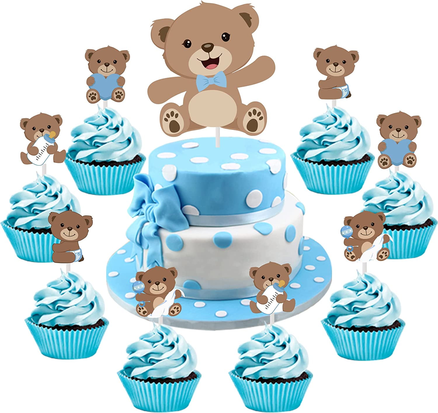 25PCS Bear Cake Topper Baby Shower Double Sided Print with Bear Cupcake  Toppers Brown for Bear Theme Gender Reveal Neutral Party Supplies 