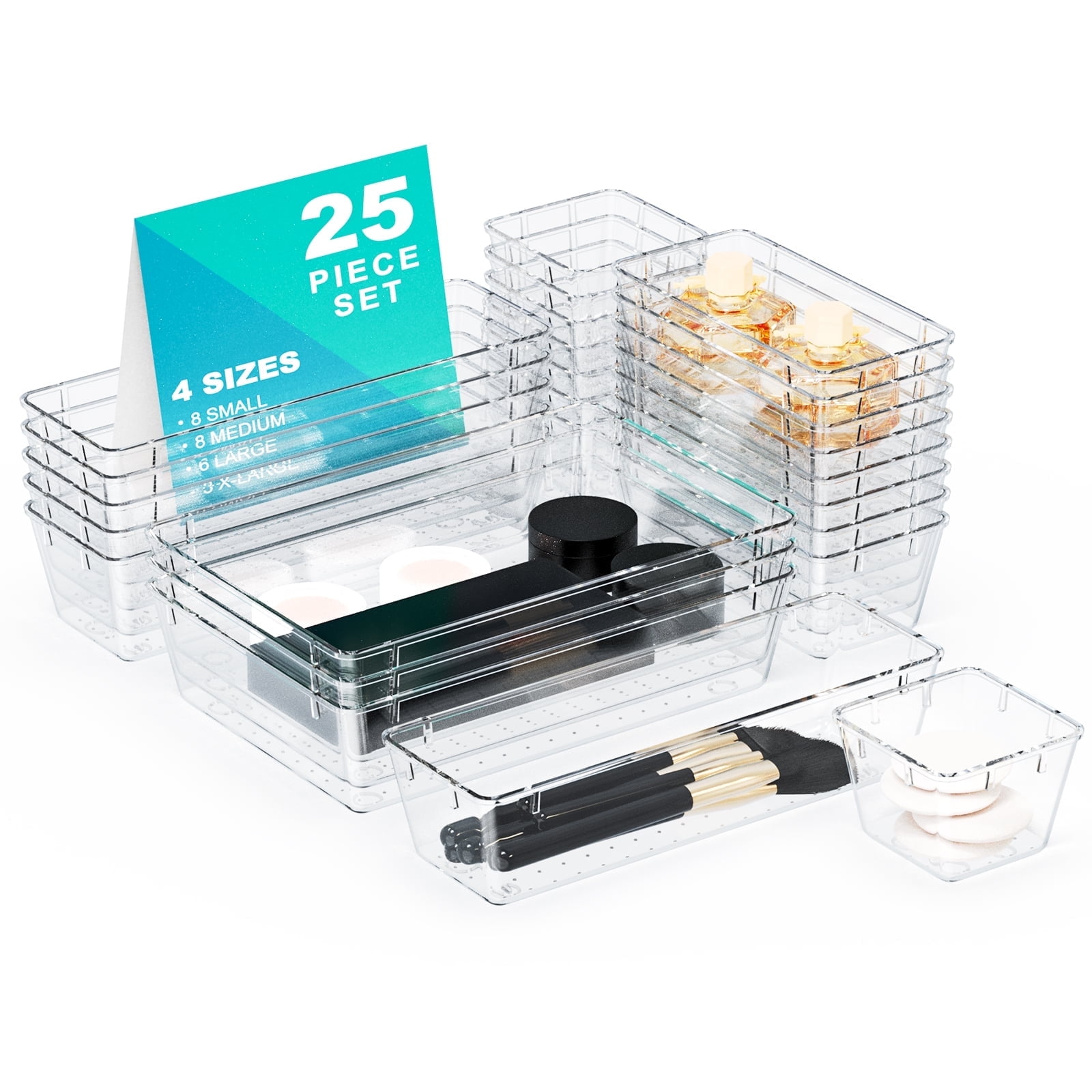 25PCS Clear Plastic Drawer Organizer Set: 4 Sizes Desk Drawer Dividers & Storage Bins for Makeup, Jewelry, Gadgets, Kitchen, Bedroom, Bathroom, Office Organization