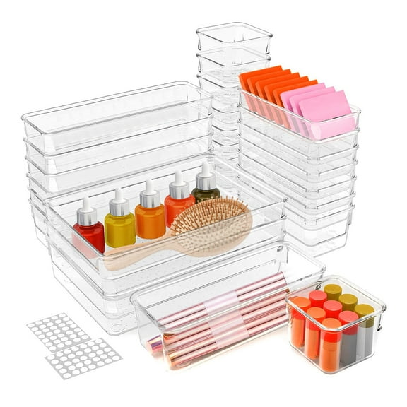 25PCS Clear Plastic Drawer Organizers Set TeqHome 4-Size Versatile Bathroom and Vanity Drawer Organizer Trays Storage Bins for Makeup Bedroom Kitchen Gadgets Utensils and Office