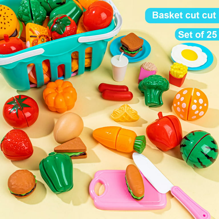 25PCS Cutting Play Food Sets for Kids Kitchen Toy Food Cutting Toys Fruits  and Vegetables with Storage Basket Fake Food Pretend Play Kitchen