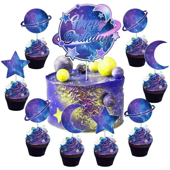 25PCS Galaxy Birthday Cake Decorations - Planets Star Planet Moon Outer Space Cake&Cupcake Toppers for Starry Sky Universe Space Themed Birthday Party Supplies