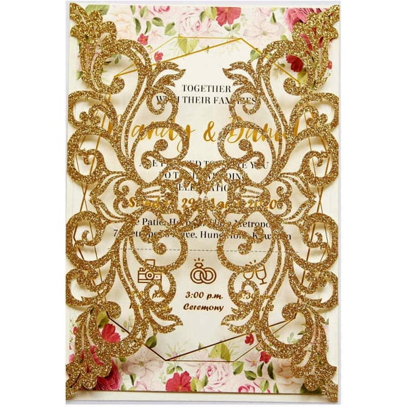 25PCS Gold Glitter Laser Cut Wedding Invitations Cards with Envelopes,Blank Inner Sheets,Ribbons for Wedding Bridal Shower Quinceaera Engagement Birthday Invites