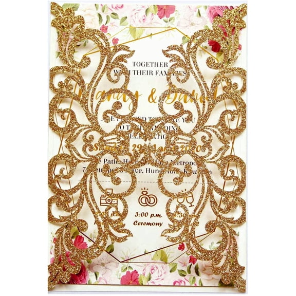 25PCS Gold Glitter Laser Cut Wedding Invitations with Envelopes and Ribbons