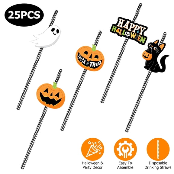 25PCS Halloween Party Black White Striped Decorative Paper Straws Teqhome Disposable Drinking Straws with 5 Different Halloween Pattern for Halloween Party