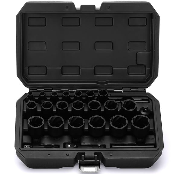25PCS Impact Bolt Nut Extractor Kit, 1/2" & 3/8" Drive Bolt & Nut Remover Socket Tool Kit, Metric 8-27mm, CR-MO, Wheel Lock Removal for Extracting Damaged, Stripped Frozen Nuts & Screws