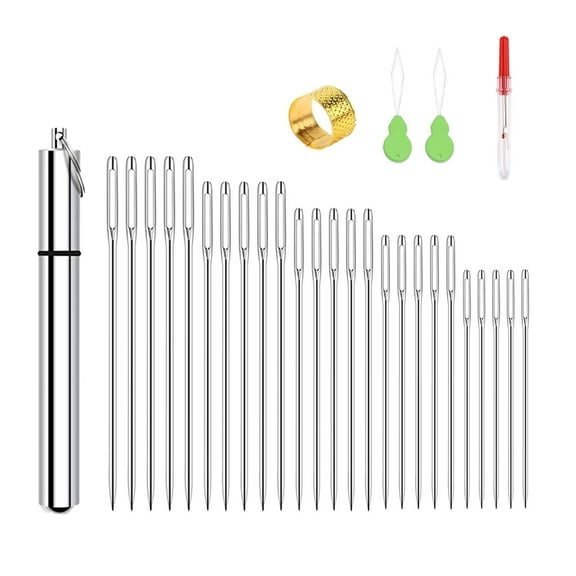 25PCS Large Eye Embroidery Sewing Needles, 5 Sizes Big Eye Hand Sewing Sharp Needles with Aluminum Storage Tube and Threaders for Stitching, Quilting and Craft Projects