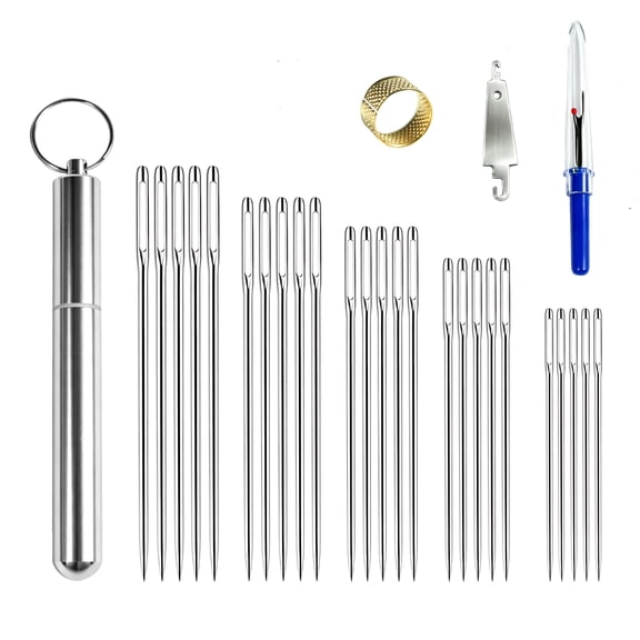 25PCS Large Eye Embroidery Sewing Needles, 5 Sizes Easy to Thread Pointed with Aluminum Storage Tube and Threaders