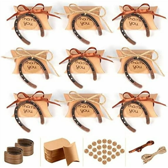 25PCS Lucky Horseshoe Decor Wedding Favors for Guests, Vintage Metal Horseshoes with Tag Kraft Candy Box and Satin Ribbon, Rustic Horse Shoe Gifts for Wedding Party Kentucky Derby Decorations