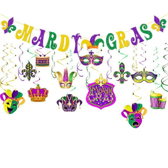 25PCS Mardi Gras Decorations Set, Mardi Gras Party Supplies Hanging Swirl Ornaments, Mardi Gras Banner for Mardi Gras Carnival Masquerade New Orleans Party Decorations