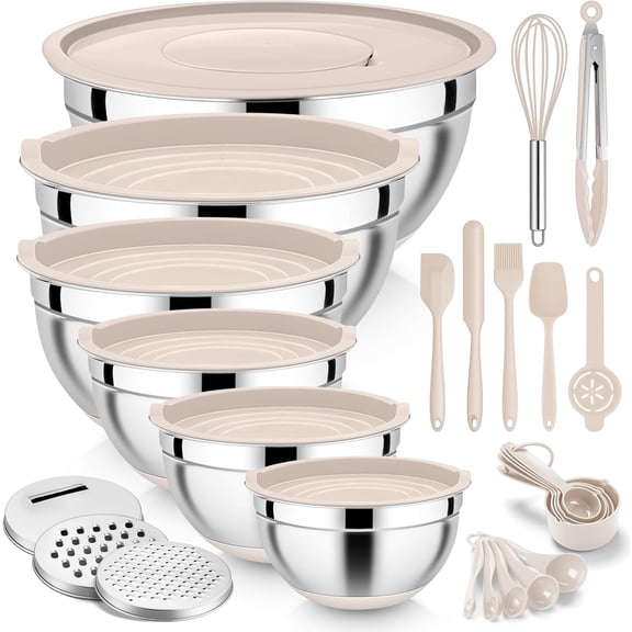 25PCS Mixing Bowls with Lid St, Stainlss Stl Nsting Prp Bowls with Gratr Attachmnts Non-Slip Bottoms for Cooking, Srving, Food Storag, 4.6/2.6/2/1.5/1/0.7QT - Khaki