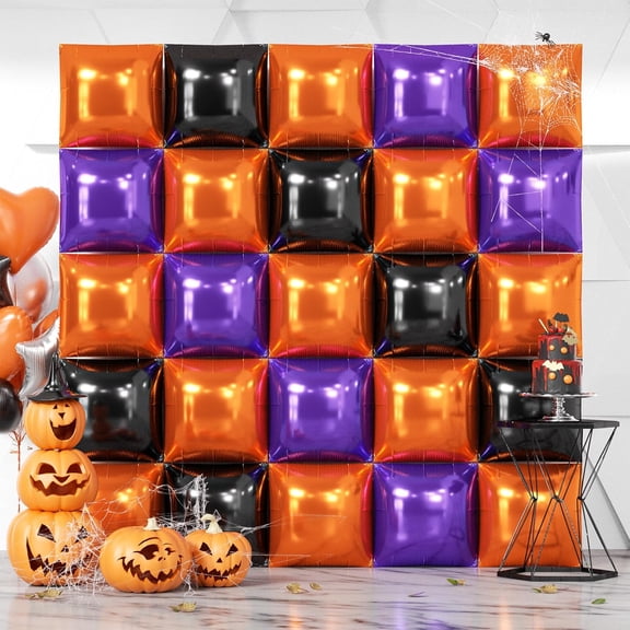 25PCS Orange Purple Black Square Foil Balloons Wall Backdrop | Double Sided Orange Purple Black Balloons Tunnel Arch Kit for Halloween Birthday Graduation New Year Party Decorations