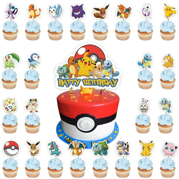 25PCS Pokemon Cupcake Toppers Cake Toppers, Happy Birthday Party Supplies Cake Decorations for, Kids Birthday Party