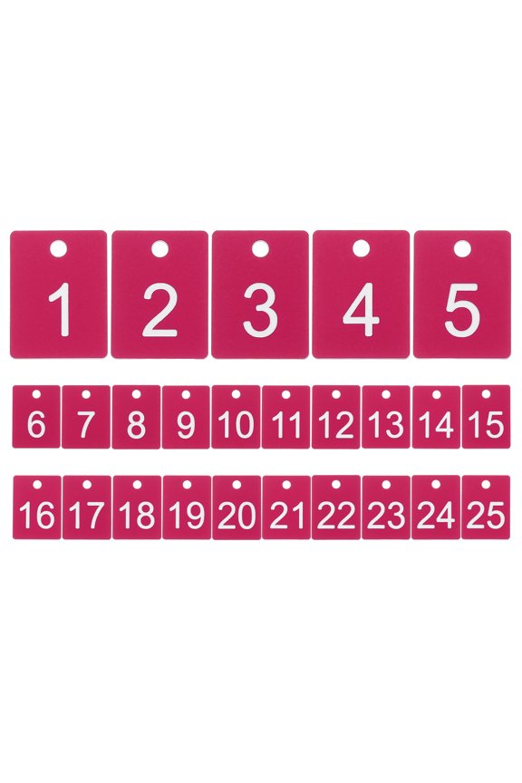 25PCS Rectangle Number Tags 1-25, 3x4CM Number Key Tags Plastic Numbered Tags Key Tags Keychain with Hole for Organizer Drawing Prizes Field Sales Clothes Labels, Rose Red