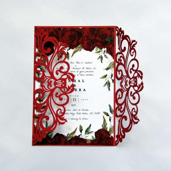 25PCS Red Laser Cut Wedding Invitations Cards with Envelopes,Blank Inner Sheets,Ribbons for Bridal Shower Quinceaera Engagement Birthday Invites