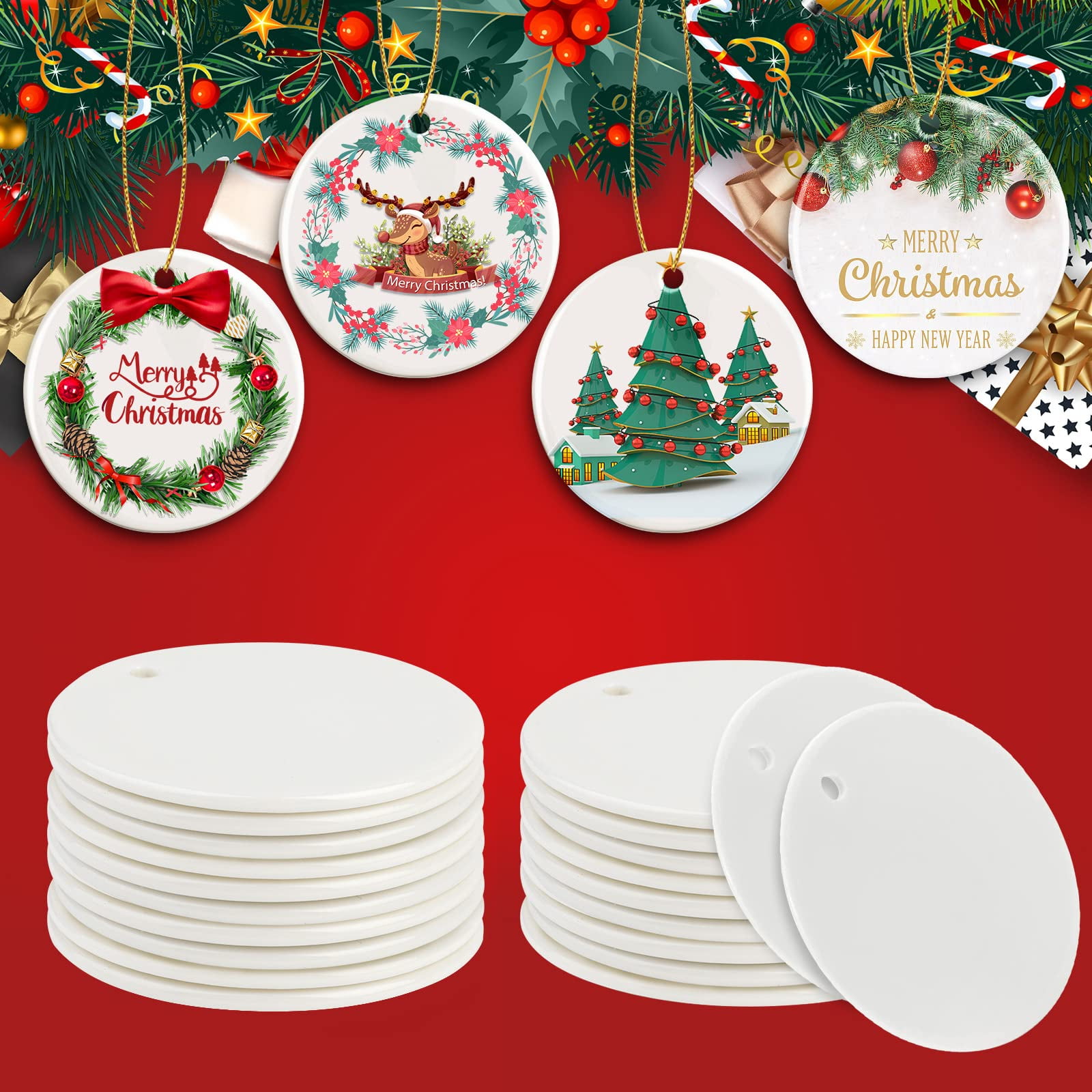 25PCS Sublimation Ceramic Ornament, EEEkit 2.75 Inch Round Sublimation Blank Ceramic Ornament Bulk with Gold String for DIY Crafting Personalized Thanksgiving Christmas Home Decor Pendant