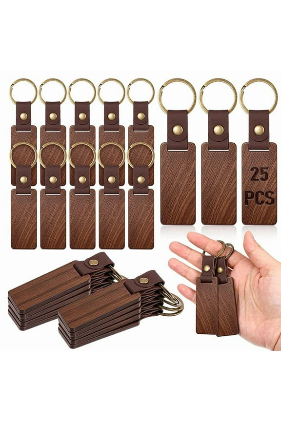 25PCS Wooden Keychain Blanks Rectangle Wood Keychain Blanks with Leather Strap Engraving Blanks Key Chain