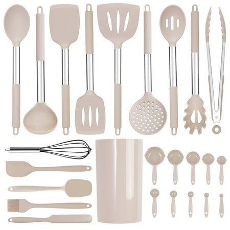 25PCs Large Silicone Cooking Utensils Set - RFAQK 446°F Heat Resistant Kitchen Utensils Set - Perfect For Non-stick Kitchen Cookware - Dishwasher Safe Spatula Set-Khaki