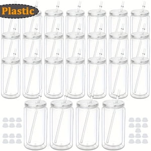 25Pack 16oz Pre Drilled Double Wall Plastic Snow Cups with Lids & Straws & Funnel for Snowflake DIY, Clear Insulated Sports Tumblers for Gym Running Hiking, Summer Cold Drink Cups, Holiday Gifts