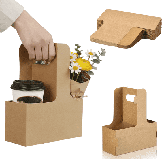 25Pack 2 Cup Drink Carrier with Handle Disposable Cardboard Coffee Cup Holder Portable Foldable Tray Drink Caddy Cup Carriers to go Cup Holder Food Delivery Accessories for Hot/Cold Drinks