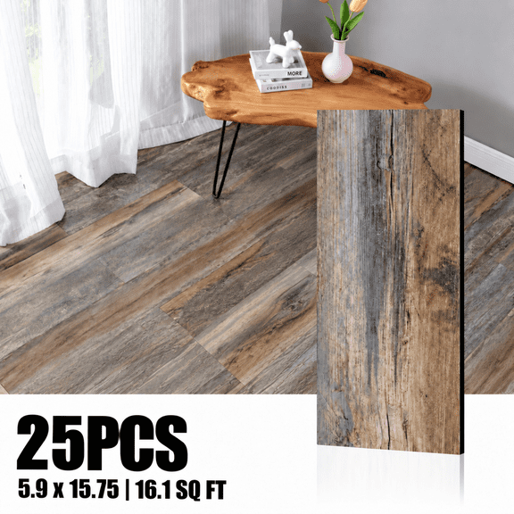 3D Wood Grain Peel and Stick Vinyl Floor Tiles, 15.75 x 5.91 in, PVC Flooring for Living Room, Bedroom and Dining Room, 25 Pack