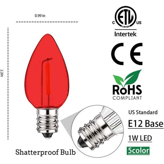 25Pack C7 LED String Light Bulbs, E12 Candelabra Base Christmas Replacement Bulbs for Holiday Decoration, Shatterproof, E12 Screw Base, Vintage Edison Bulbs for Patio Garden