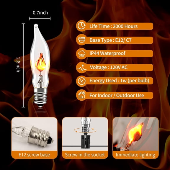 25Pack Flickering Flame Light Bulbs, E12 Candelabra Base Replacement Bulbs