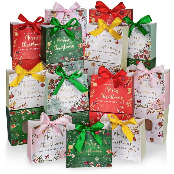25Pack Small Christmas Gift Bags,5.1 * 4.5 * 2.2 Inches Xmas Gift Bags,Christmas Goodie Bag with Ribbon,Christmas Candy Bags,Mini Christmas Bags for Gifts,Christmas Decor (Mix Color)