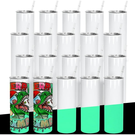 25Pack Sublimation Tumblers, 20 oz Glow in the Dark Skinny Luminous Stainless Steel Straight Blank Double Wall Insulated Straight Cups for Heat Transfer, Green