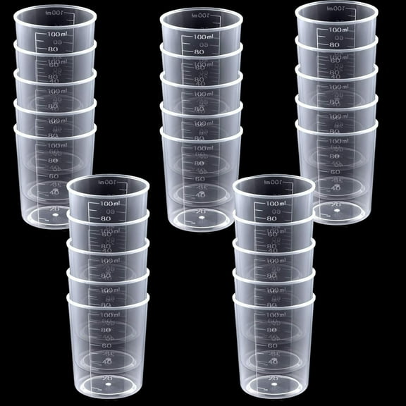 25Pcs 100ML Plastic Graduated Measuring Beaker Set, Clear Liquid Measuring Mixing Cups for Epoxy Resin, Liquid Container Beakers for Resin Epoxy Paint Food, Lab Use, Raised Graduations, Tapered Spout