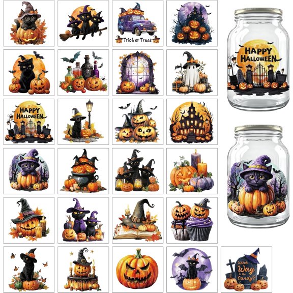 25Pcs 25 Styles PVC Self Adhesive Stickers Waterproof Embossed Decals DIY for Scrapbooking Card Making Black and White Sticker Pumpkin 100x90mm