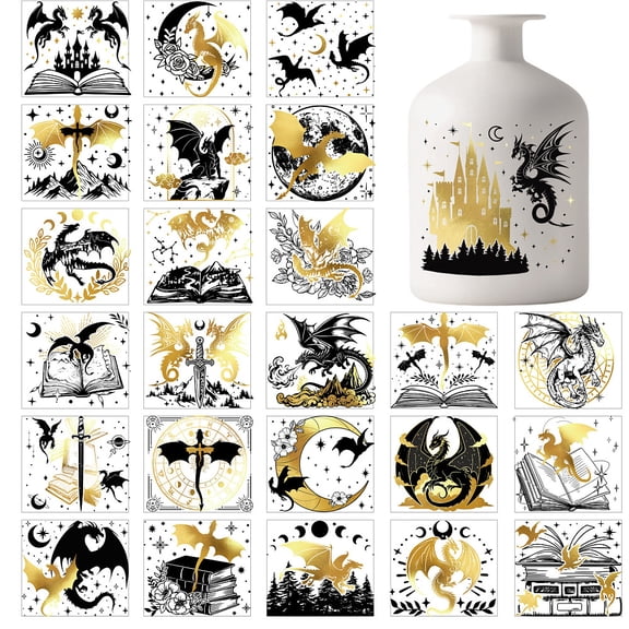 25Pcs 25 Styles PVC Self Adhesive Stickers Waterproof Embossed Decals for DIY Scrapbooking Card Making Black and White Sticker Dragon