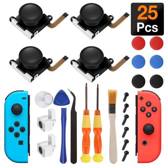 25Pcs 3D Analog Joystick Thumbstick Replacement Repair Kit for Nintendo Switch Left/Right Joy-Con Controller with Cross Screwdriver, Tri-wing Screwdriver, Pry Tool, Tweezer Repair Tool Set