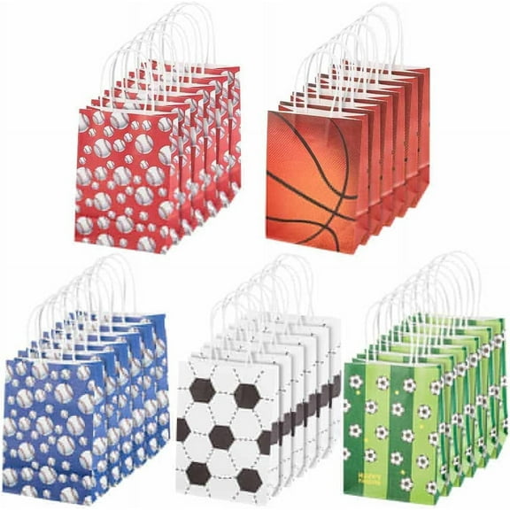 25Pcs 5 Colors Sports Party Favor Bags Rectangle Sport Party Paper Bags Party Gift Treat Bags with Handles for Soccer Baseball Basketball Football Sports Themed Birthday Supplies Decorations