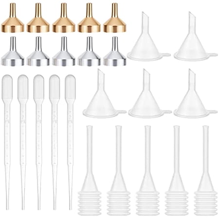 25Pcs 5 Style Small Metal Funnels Essential Oil Funnel Kit and Dropper with Plastic Transfer Pipettes for Liquid Powder Transfer Filling Small Mini Bottles Or Containers Perfume