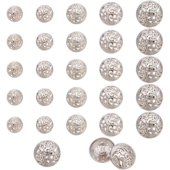 25Pcs 5 Styles 1-Hole Alloy Shank Buttons Hollow Flat Round with Flower Platinum 15~25x9~12.5mm Hole: 2.2~2.7mm 5pcs/style