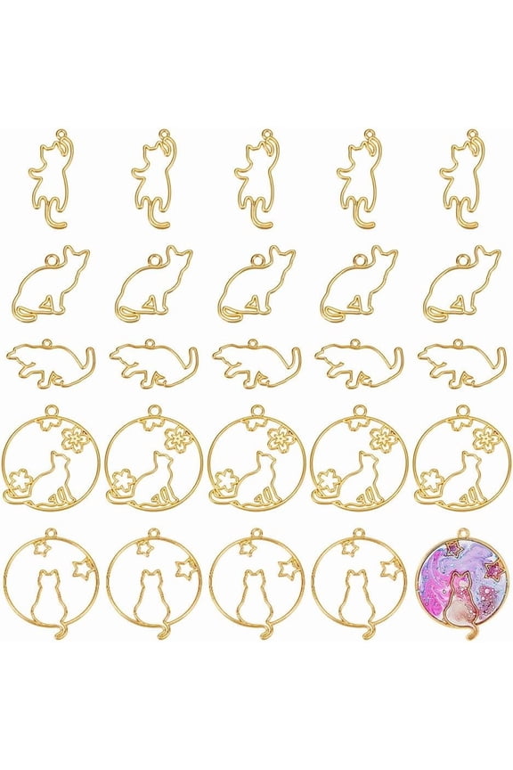 25Pcs 5 Styles Cat Open Back Bezel Pendants Cat Open Frame Pendant with Hole Hollow Frame PendantEpoxy Resin Pendants Alloy Dangle Pendant for DIY handcrafting