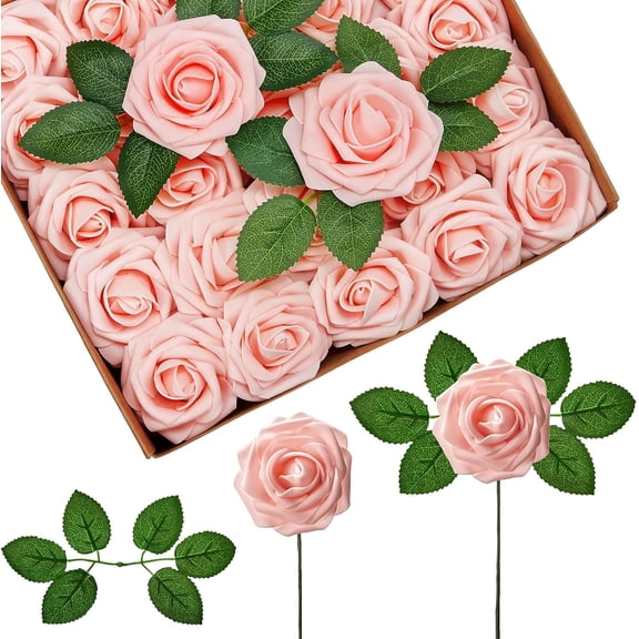 25Pcs Artificial Flowers, Simulation PE Foam Roses with Stems, Look and Feel of Fresh Flowers for Making Bouquets, Cake Decorations, Wedding, Bridal Shower, Party (Blush)