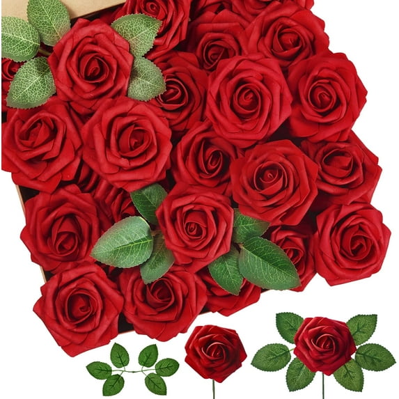 25Pcs Artificial Flowers, Simulation PE Foam Roses with Stems, Look and Feel of Fresh Flowers for Making Bouquets, Cake Decorations, Wedding, Bridal Shower, Party (Red)