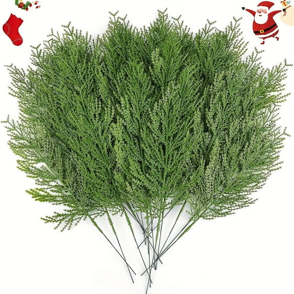 25Pcs Artificial Pine Branches 13.5" Christmas Greenery Stems Faux Pine Needles Twigs Pine Picks Fake Leaves Cedar Sprigs for Xmas Tree Vase DIY Garland Wreath Home Decoration, Green