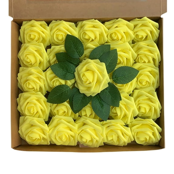 25Pcs Artificial Rose Flowers with Stems - Realistic Faux Roses for Wedding Bouquet, Bridal Shower, Valentine's Day Home Decor in Yellow