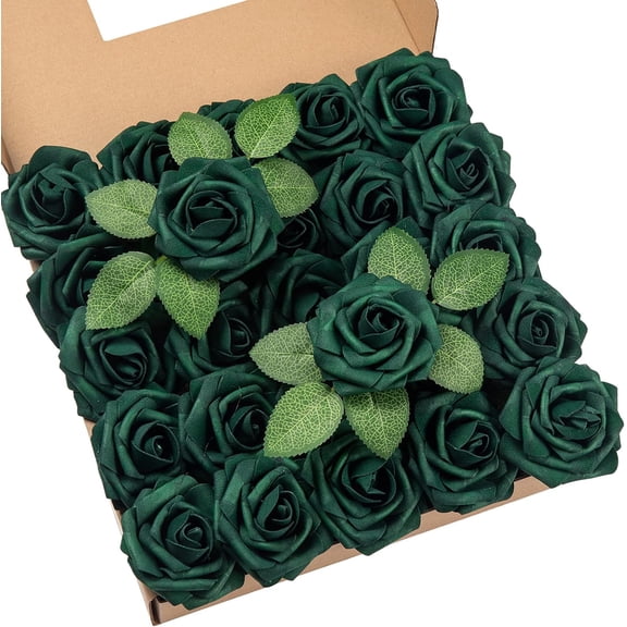 25Pcs Artificial Roses Flowers Fake Roses with Stems Real Touch Foam Flowers for DIY Wedding Bouquet Baby Shower Centerpiece Floral Arrangement Party Home Decor(Hunt Green)