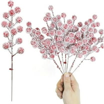 25Pcs Artificial Snowy Red Berry Picks Stems Christmas Frosted Holly Berry Branches Xmas Winter Twig Spray Holiday Arrangements Table Centerpieces DIY Crafts