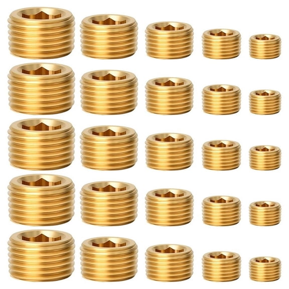 25Pcs Brass Pipe Plug Fitting,1/8 1/4 3/8 1/2 3/4Inch Male Internal Hex Thread Socket Pipe Plug Fitting Assortment Kit,C