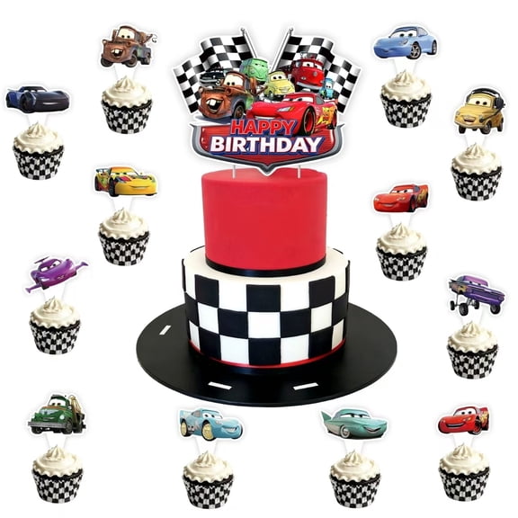 25Pcs Car Cake Decorations with 24pcs Cupcake Toppers 1pcs Cake Topper for Cars Themed Birthday Party Supplies
