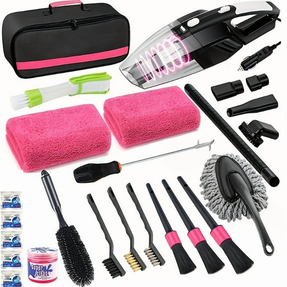 25Pcs Car Cleaning Wash Kit - Interior Detailing Set with High Power Handheld Vacuum, Windshield Tool, Gel & Tire Brush, Complete Car Care Tools, Unisex Gift