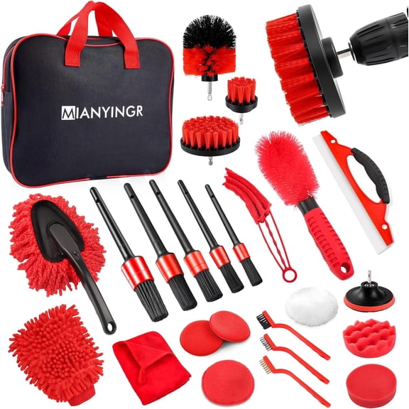 25Pcs Car Detailing Kit, Car Cleaning Kit with Drill Brushes and Interior Tools, Wheel Hub Cleaner, Polishing Pads, Auto Wax Applicator Accessories (25PCS)